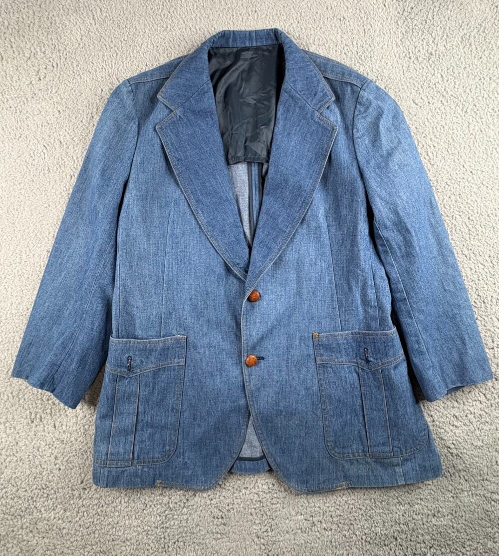 Vintage Lee Denim Blazer Jacket Men Chest SZ 42 Blue Single Breasted Notch Lapel